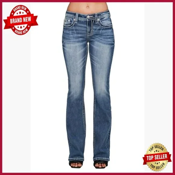 Mid-Rise Bootcut Jeans with Embellished Wing Pockets, 32 Inseam